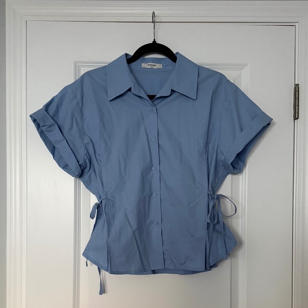 Blue short sleeve button down top with waist detail